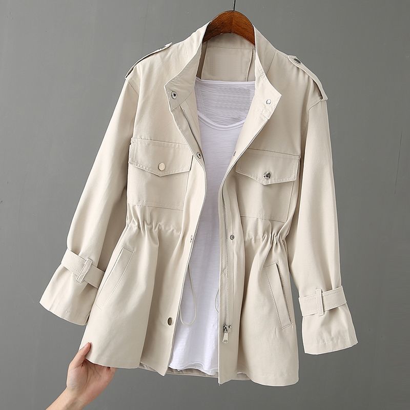 Women's Clothing spring and autumn 2024 new style windbreaker women's mid length style loose jacket waist slim petite tops_voghion.com