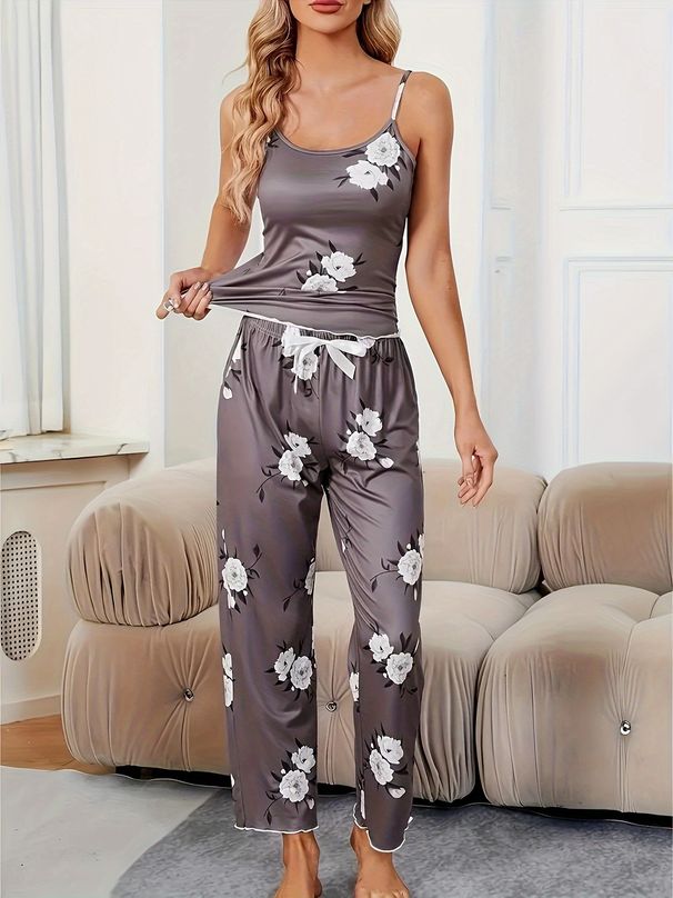Lässiges und bequemes Sommerpyjama-Set für Damen, zweiteiliges Set mit Blumenträgern_voghion.com