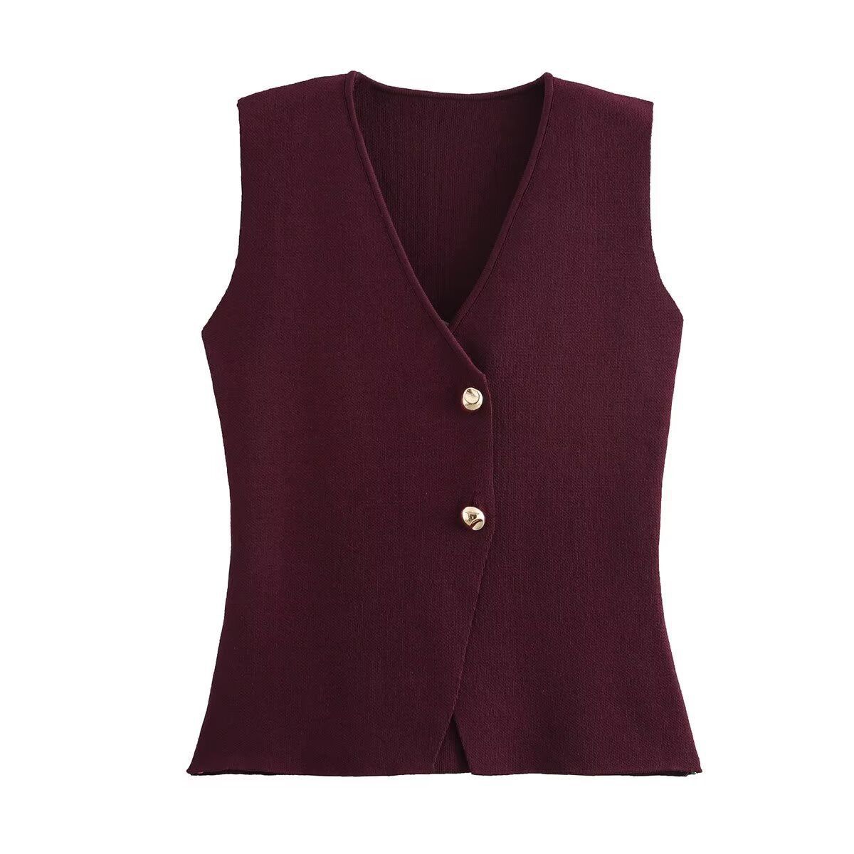 Women's Clothing Fashion Gold Button Knitted Vest Pleated Skirt Suit_voghion.com