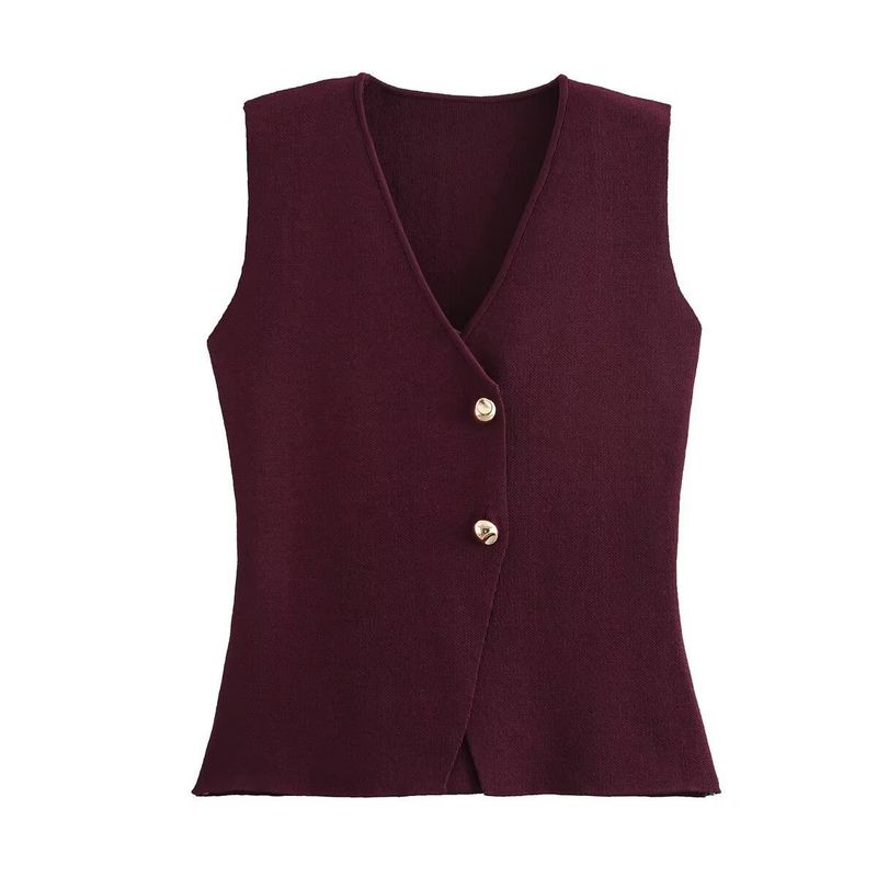 Chaleco de punto con botones dorados y falda plisada para mujer_voghion.com