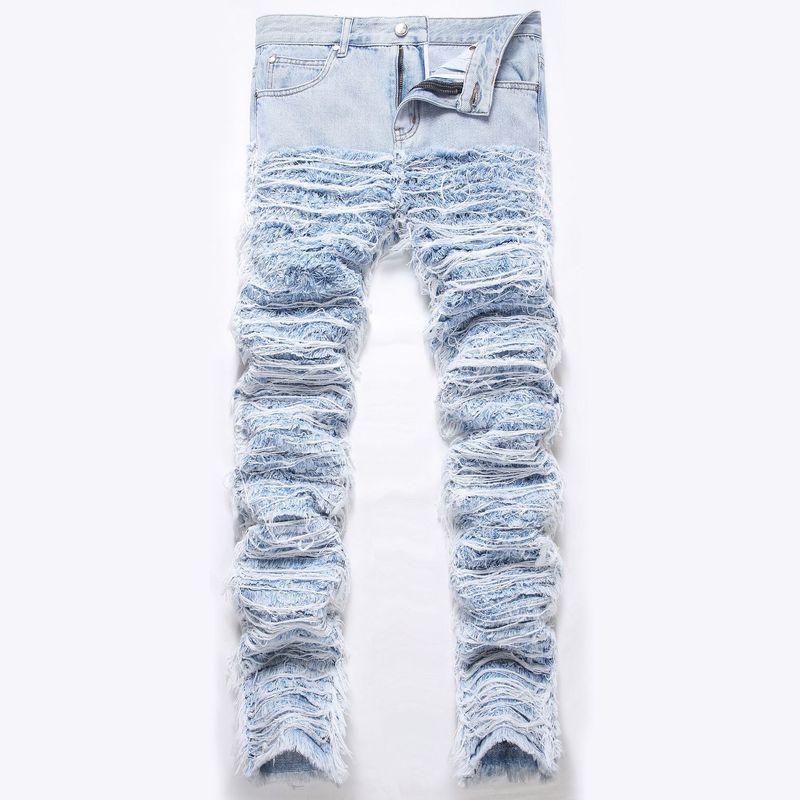 Jeans da uomo con gamba larga, vestibilità larga, frange, ricami e baffi tagliati, modello Stacked Fit resistente_voghion.com