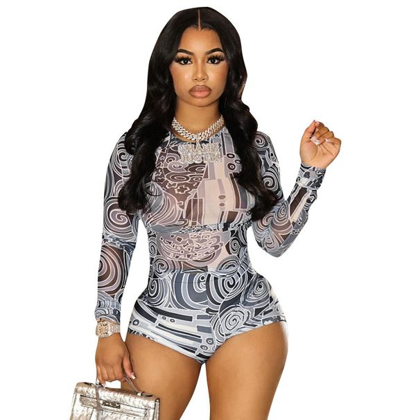 Verve D9764 Women's Fashion Sexy Mesh Pattern Print Long Sleeve Top And Floral Shorts Set_voghion.com