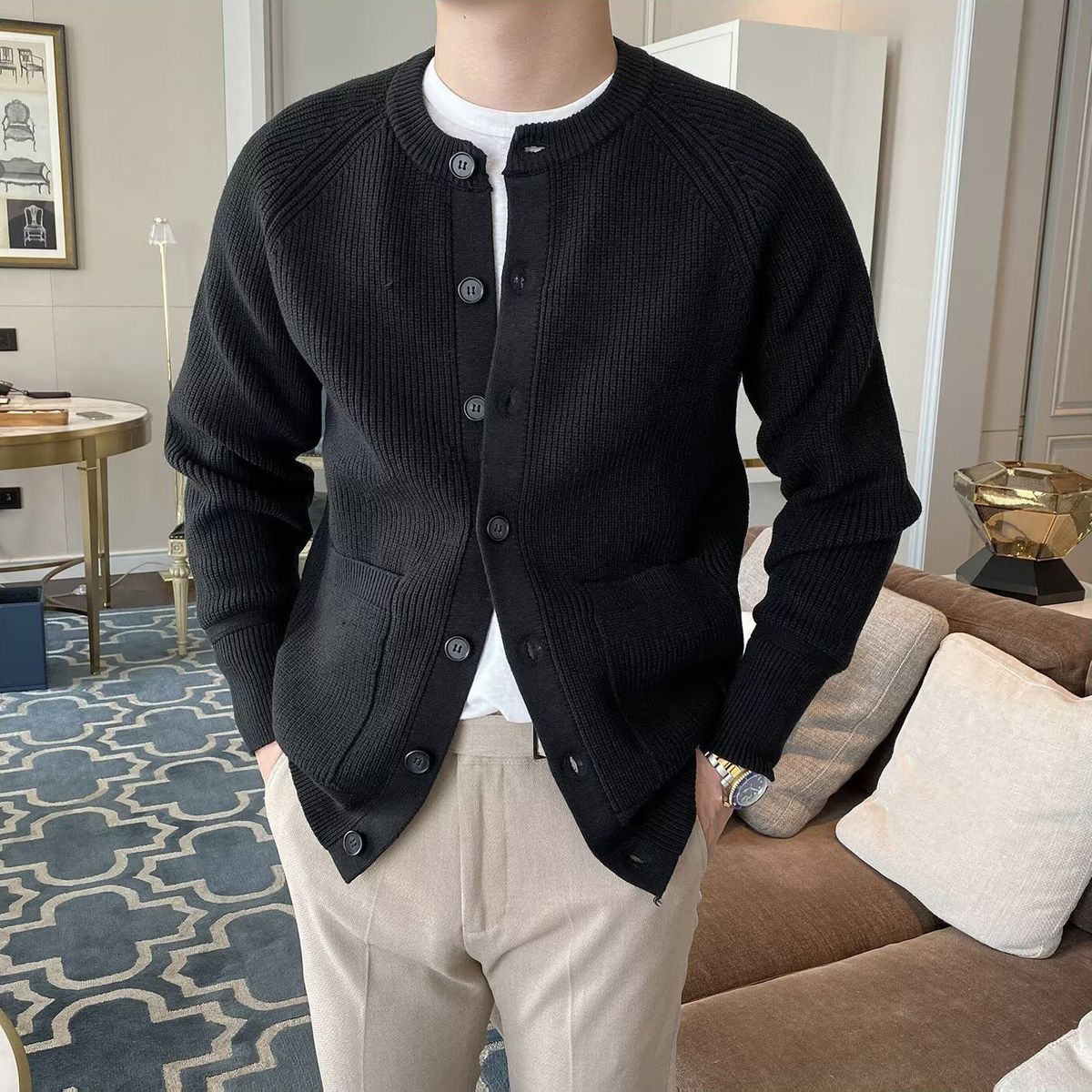 Men's Knit Cardigan Sweater - Thick Warm Open Front Coat With Baseball Collar, Soft Breathable Polyester Blend, Relaxed Fit For Business Casual_voghion.com