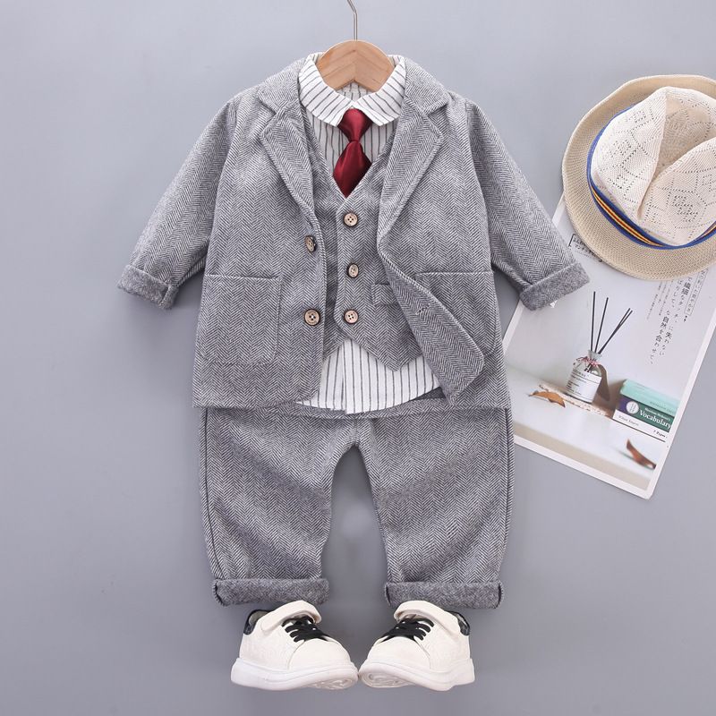 Mutter & Kinder Jungen gestreiften krawatte hemd langarm anzug weste herbst vier-stück anzug kinder kleidung kinder einfarbig anzug kleid jacke_voghion.com
