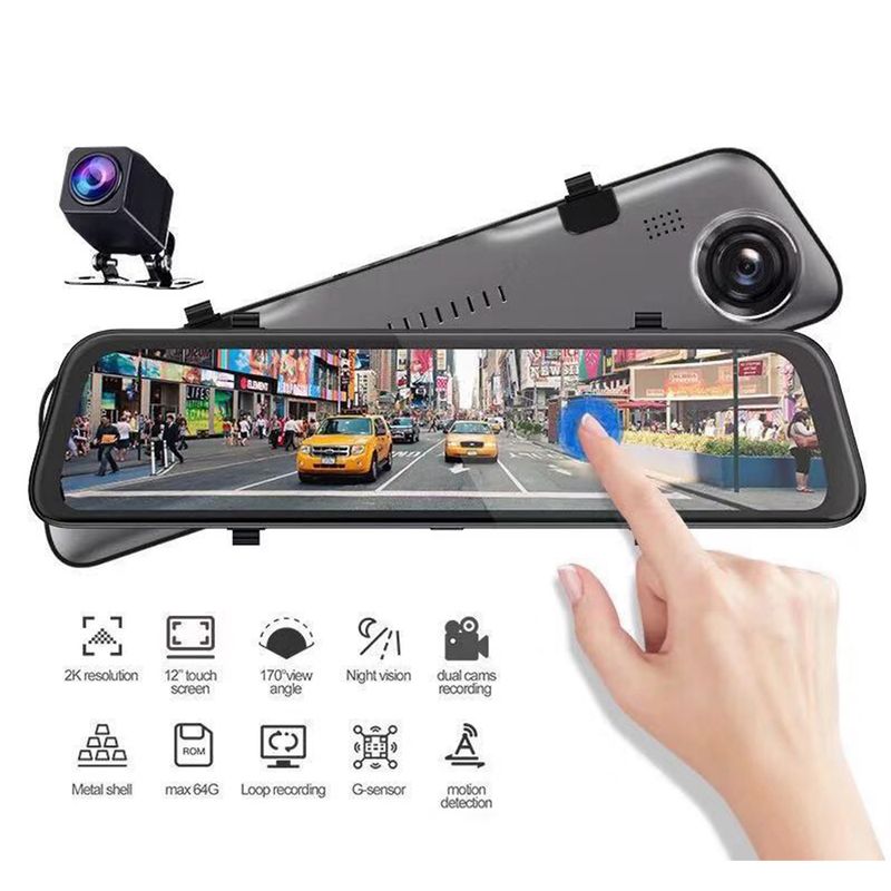 Car DVR 12 Inches DashCam Stream Media RearView Mirror 2K Night Vision Video Recorder Auto Registrar 1080P Rear View Dash Camera_voghion.com