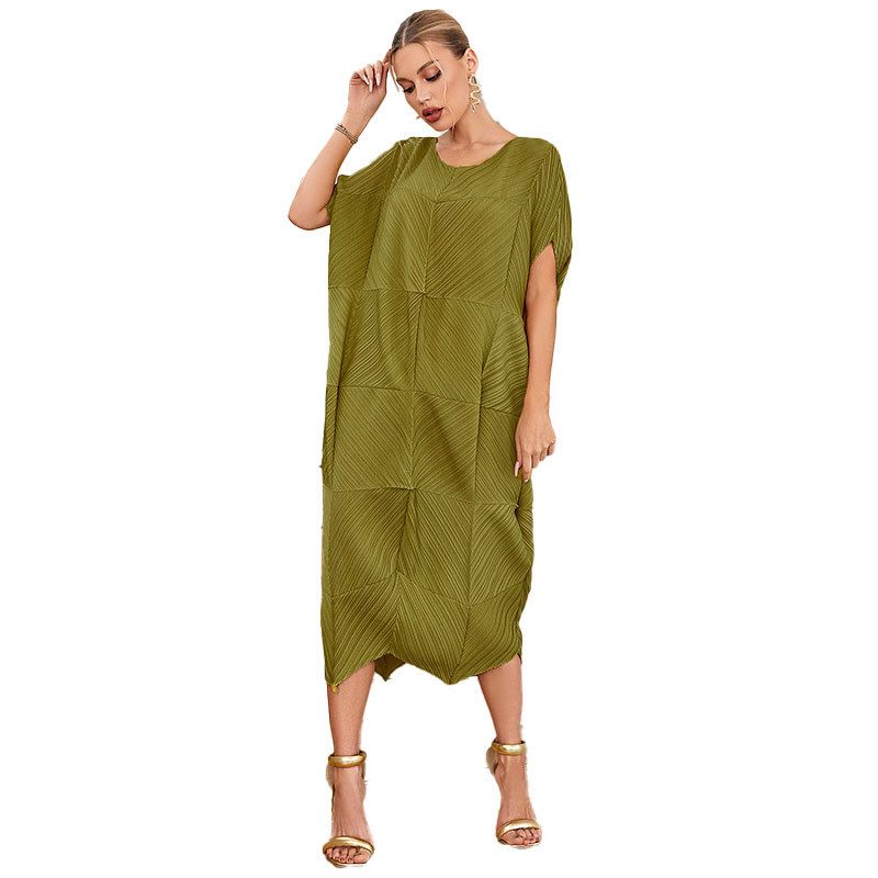 Vestido de cintura con lazo y cuello redondo de retales de color liso, falda informal cómoda_voghion.com