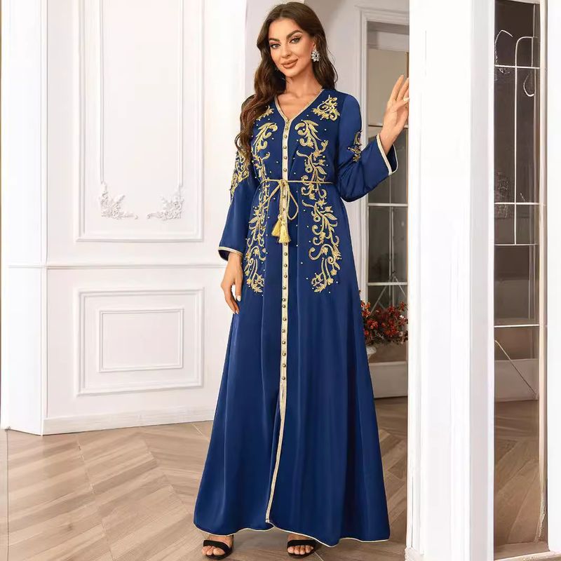 Women's Clothing Middle East Saudi Arabia Muslim Women's Clothes V Neck Long Sleeve Dress Ladies Robe Abaya_voghion.com