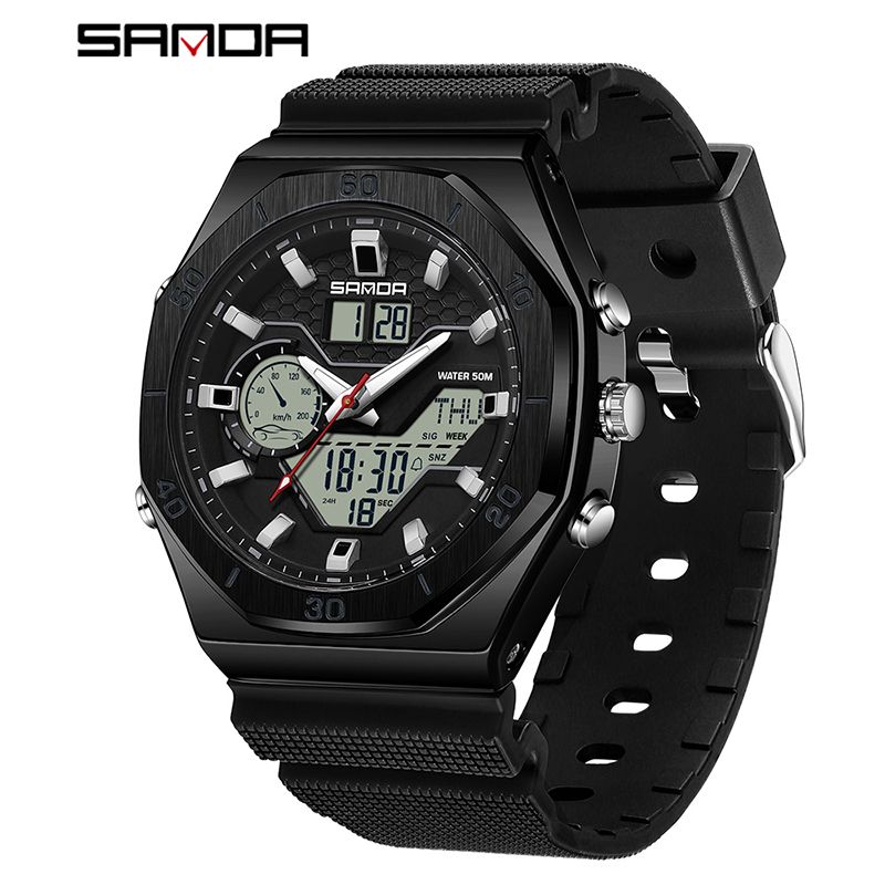 SANDA Style Digital Men Watches Dual Display Three Time Waterproof Shock Sports Watch Military Countdown Male LED Quartz Clock_voghion.com
