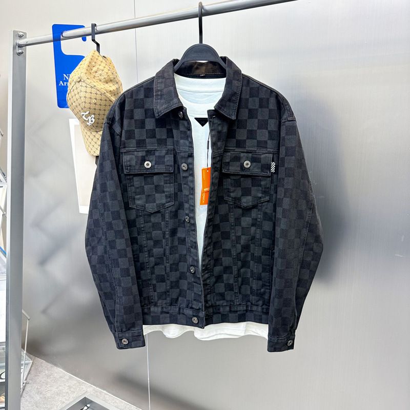 Men's Clothing Spring And Autumn Jacket With Digital Pattern, Men's Fashion Vintage Grid Denim Jacket, Trendy Jackets_voghion.com