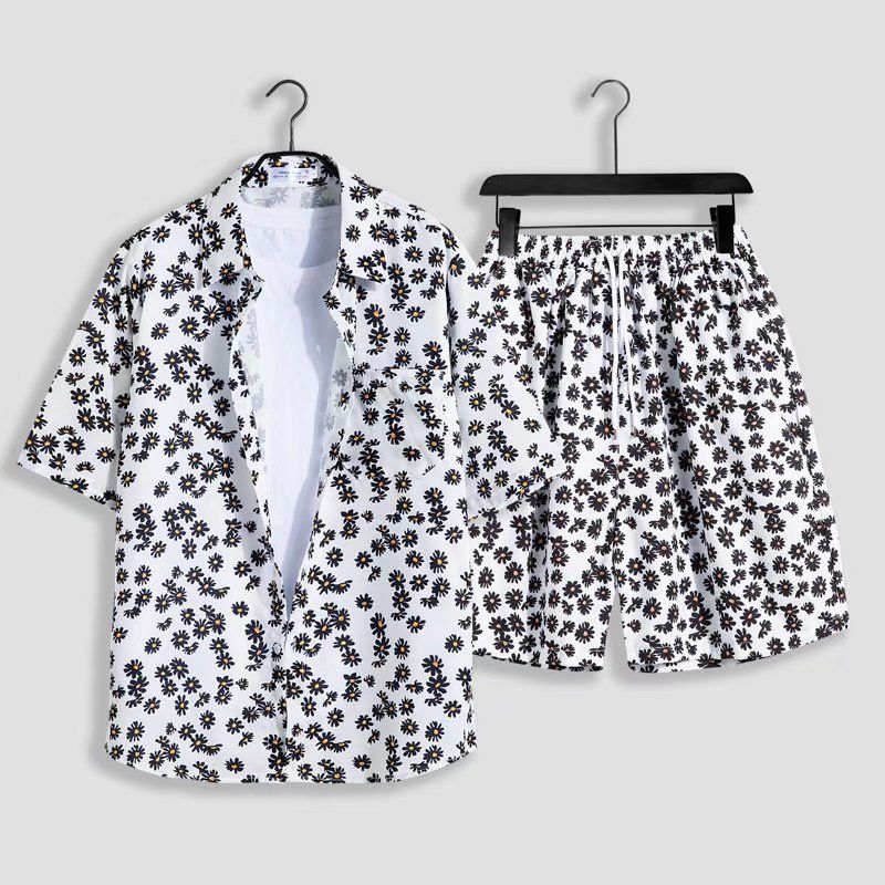 Herrenbekleidung Kurzarm-Shorts-Set Herrenmuster Strand Sommerurlaub Meer Hemd Zweiteiliges Set Crazy_voghion.com
