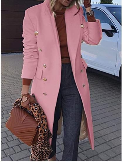 Elegant Double-Breasted Wool Blend Coat For Women - Mid-Length Trench Coat With Notched Lapel, Slim Fit, Available In Rose Pink, White, Pink & Khaki_voghion.com