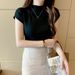 Women's summer new solid color simple short-sleeved knitted sweater top sleeveless half turtleneck short ice silk_voghion.com