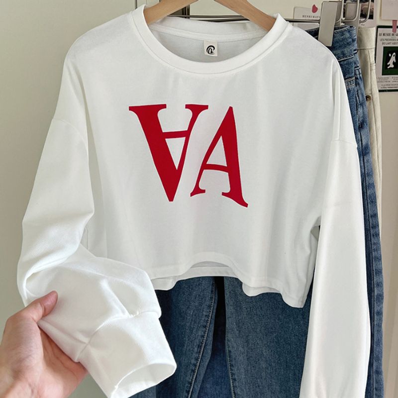 Dameskleding lente en herfst sweatshirt dames pullover letterprint kort los navel bloot ronde hals lange mouwen tops dames_voghion.com