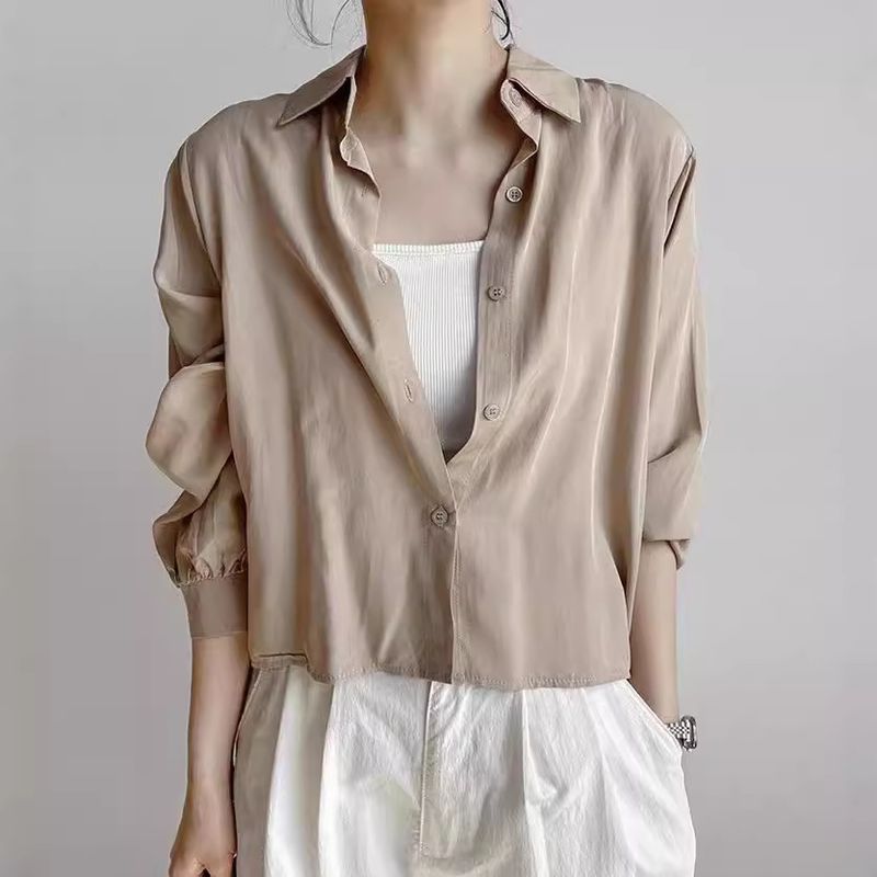 Korean Chic2024 Primavera e Autunno Nuovo Colore Solido Semplice Cachi Largo Collo Ripiegato Camicia Manica Lunga per Le Donne_voghion.com