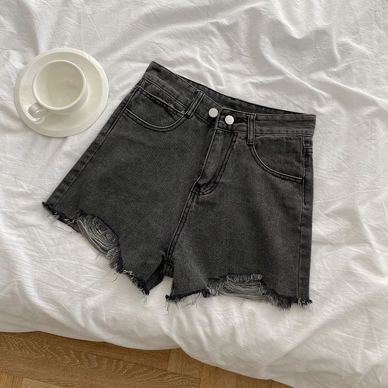 Internetkändisars korta jeansshorts med hög midja för kvinnor sommaren 2024, nya vida ben med hål som ser smalare ut._voghion.com