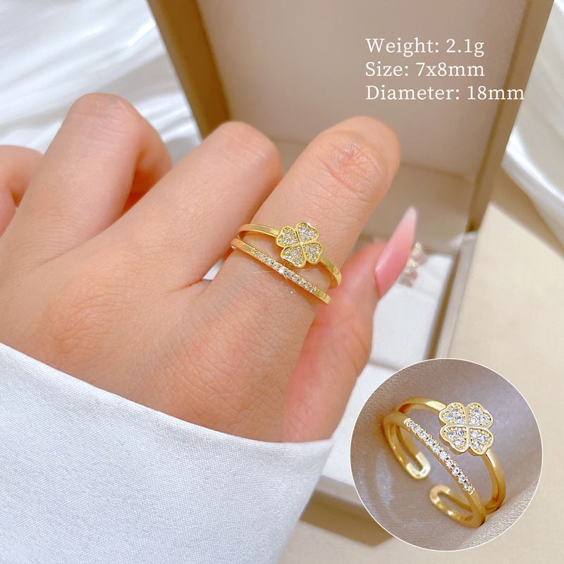【 Real Gold 】 Four Leaf Flower Full Diamond With Adjustable Opening, Simple Handmade Ring, Couple's Pair Ring_voghion.com