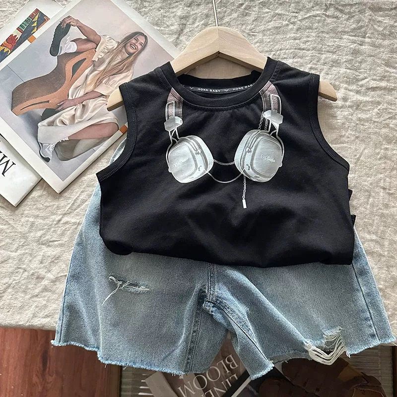 Kid's Clothing Boys cartoon headphones print sleeveless T-shirt pure cotton baby casual handsome little boy street vest_voghion.com
