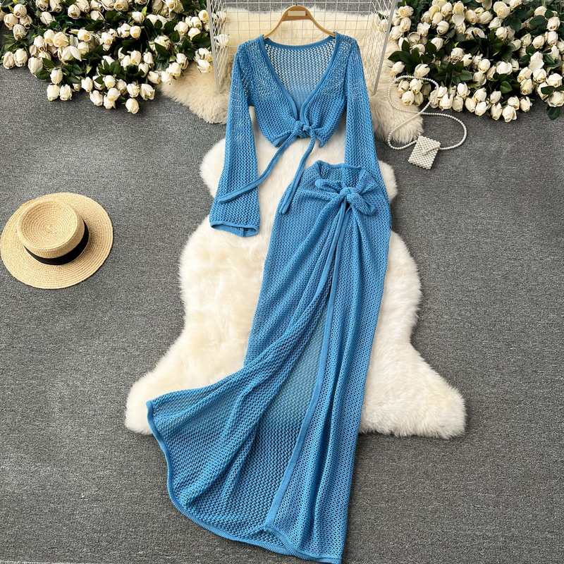 ​Women's Beach Vacation Knit Set - Strappy Waist Long Sleeve Sweater & Lace Hollow Skirt, Boho Chic Outfit​​_voghion.com