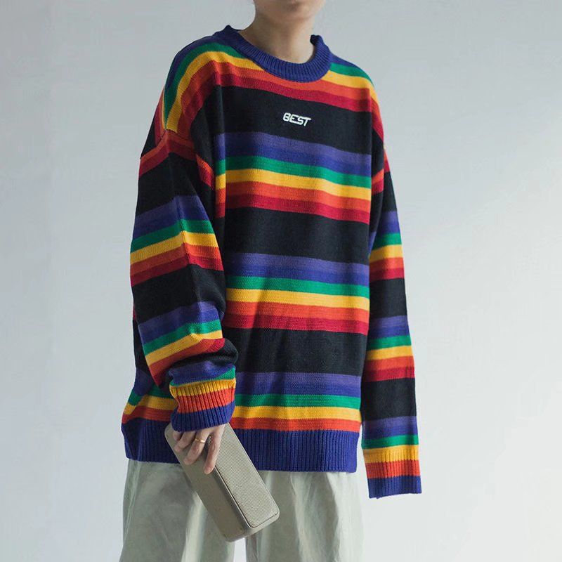 Ropa de hombre Prendas de punto con cuello redondo en contraste vintage Suéter a rayas de arcoíris para hombres y mujeres Ropa holgada para otoño e invierno_voghion.com