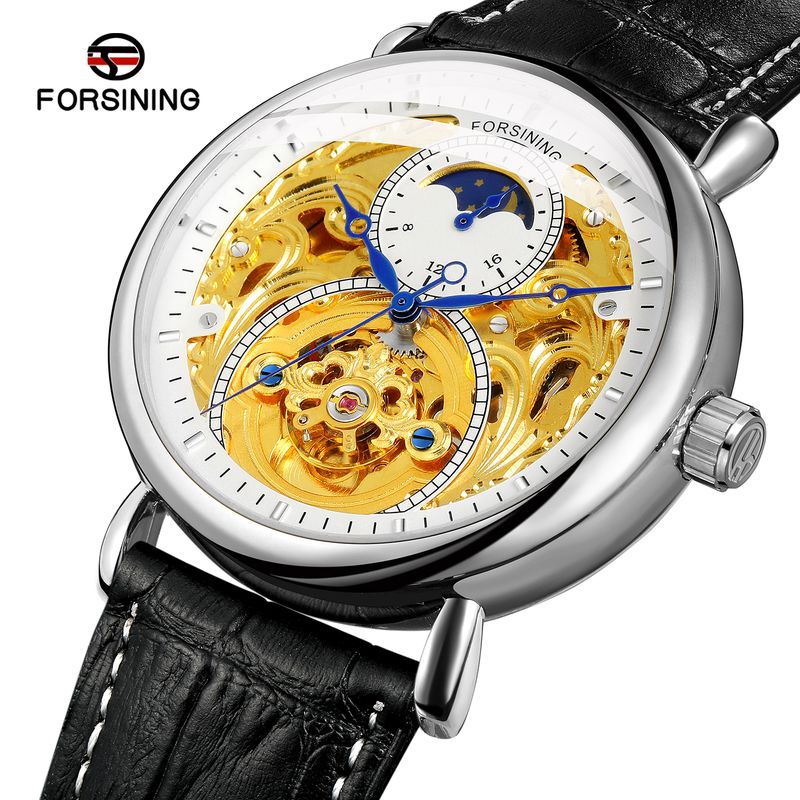 Luxusmarken FORSINING Business Edelstahl Skelett Leder Herrenuhr Mondphase Tourbillon Automatikwerk Herrenuhr_voghion.com