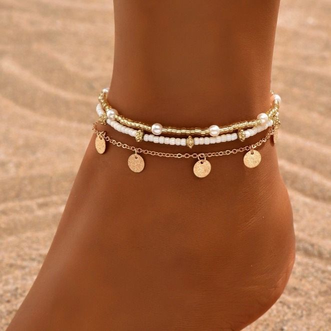 Bohemian Casual Style Rocailles Bead für Frauen Sommer Metall Runde Scheibe Fußkettchen 3-teiliges Set_voghion.com