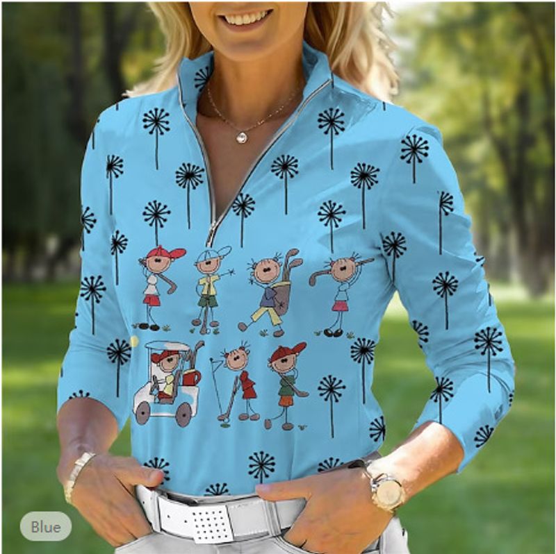 Dameskleding Dames Poloshirt met rits Golf Hardlopen Slim Shirt 3D Geprint Lange Mouw Sportkleding_voghion.com