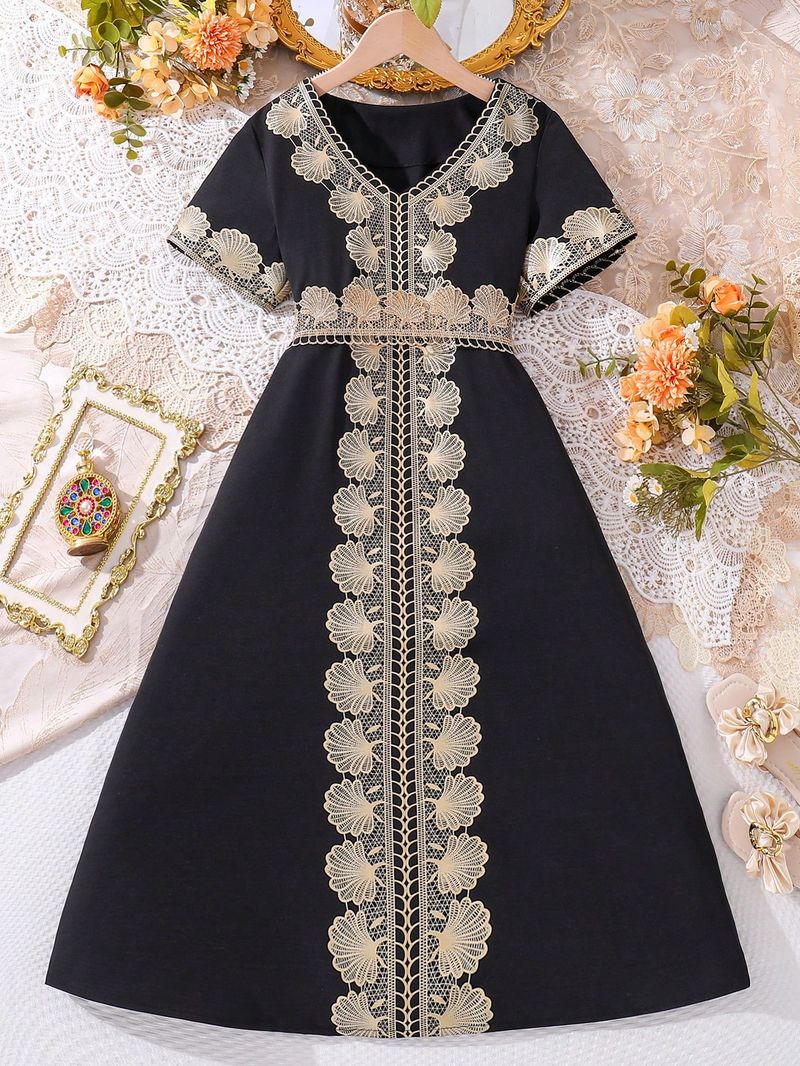 Mother & Kids Girls  Black Embroidered Lace Elegant Vintage Dresses_voghion.com