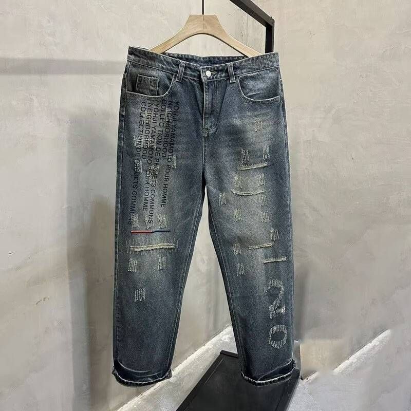 Men's Clothing Slightly Elastic Spring And Autumn Mid Waist Regular Trousers Washed Embroidery Knife Cut Patch Letter Straight Jeans_voghion.com