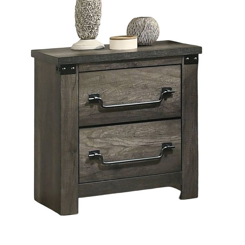 Farmhouse Rustic Gray 2-Drawer Nightstand – Antique Brass Drop Handles, English Dovetail Front, Engineered Wood Bedside Table With Metal Accents_voghion.com