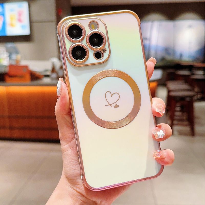 Colorful Magnetic Side Electroplating Double Heart Mobile Phone Case Suitable for  All-Inclusive Anti for 11/12/13/14/15/16 Pro Plus Max_voghion.com