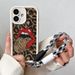 Custodia per telefono con cordino per iPhone 16 Pro Max Plus con motivo leopardato e labbra rosse sexy, morbida in TPU, con cinturino da polso, antiurto_voghion.com