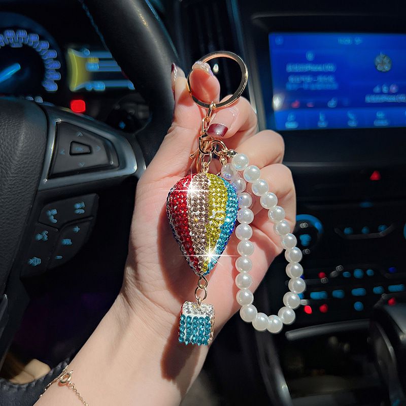 Portachiavi per auto con catena di perle a forma di mongolfiera colorata intarsiata, ciondolo con decorazione per borsa fatta a mano con corda di strass_voghion.com