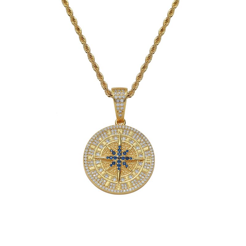Sieraden voor mannen en vrouwen Hiphop Koperen Kompas Hanger Koppels Ins Koperen Ingelegde Zirkonia Kruisrand Rap Ketting_voghion.com