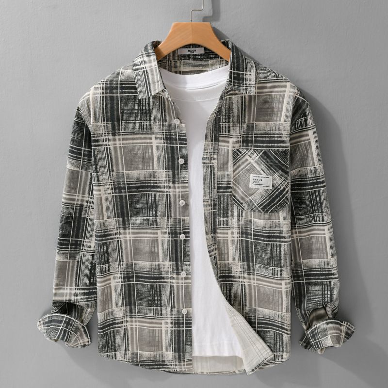 Einfaches kariertes Arbeitshemd für Herren mit langen Ärmeln, lockeres Retro-Jugendhemd für Herren_voghion.com