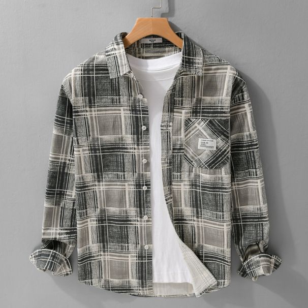Einfaches kariertes Arbeitshemd für Herren mit langen Ärmeln, lockeres Retro-Jugendhemd für Herren_voghion.com