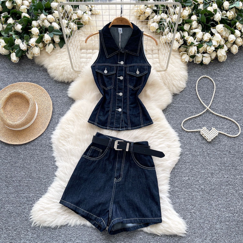 Summer Petite Suit For Women, High End Halter Neck Polo Collar Sleeveless Waisted Denim Top, High Waist Wide Leg Shorts_voghion.com
