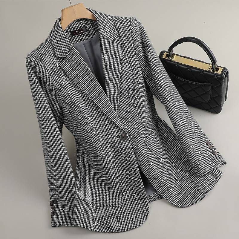 Blazer da donna con motivo pied de poule scintillante – Giacca a maniche lunghe slim fit con dettagli glitterati (S-3XL, 2 colori)_voghion.com