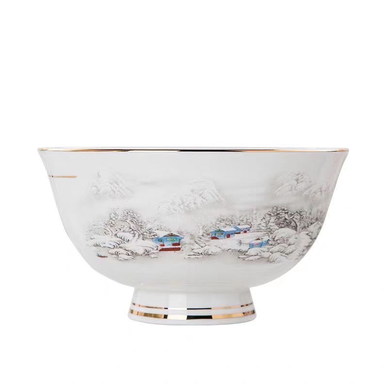 Jingdezhen – Hergestellte Schale aus Knochenporzellan, Schneelandschaft, Sockel inklusive_voghion.com