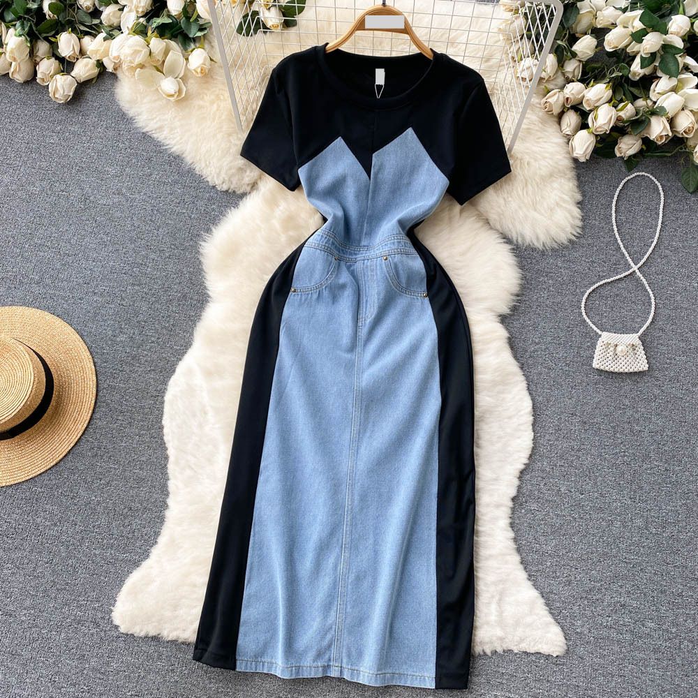Women's Clothing High-grade cool style contrast color denim patchwork dress summer women's clothing unique and beautiful waist mid-length skirt trendy_voghion.com