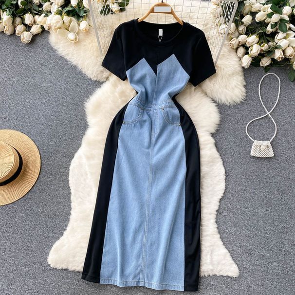 Women's Clothing High-grade cool style contrast color denim patchwork dress summer women's clothing unique and beautiful waist mid-length skirt trendy_voghion.com