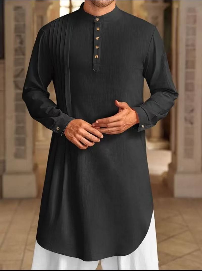 2025 New Muslim Middle East Arab Malaysian Men's Button-down Cotton And Linen Shirt Muslim Robe_voghion.com