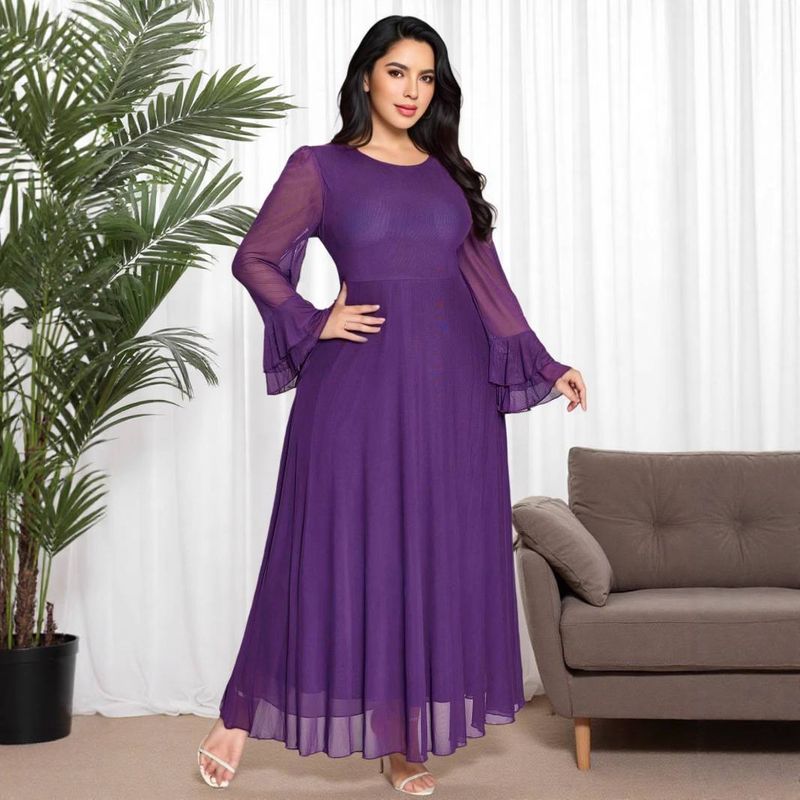 Women's Clothing Solid Color Knitted Mesh Stretch Dress Muslim Party Dinner Robe_voghion.com