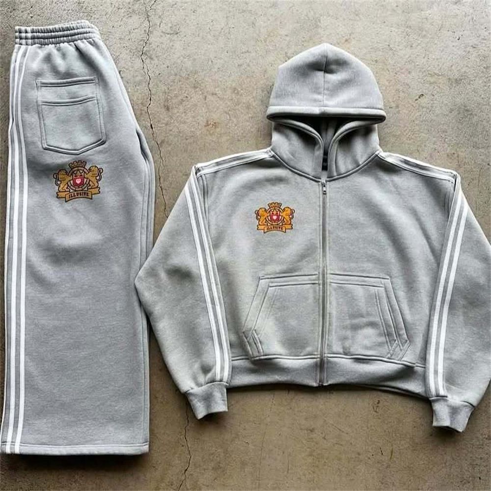 Tute da ginnastica in stile europeo-americano alla moda 2026 per ragazzi/uomini, felpe con cappuccio e cerniera a maniche lunghe + pantaloni della tuta con elastico in vita, set sportivi casual da 2 pezzi_voghion.com