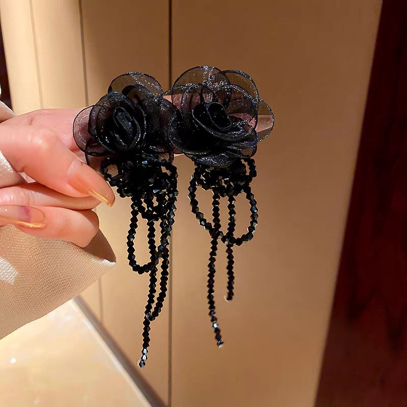 Unisex White Organza Flower Crystal Tassel Earrings New Style Trendy Long Niche Temperament Versatile Earrings For Women_voghion.com