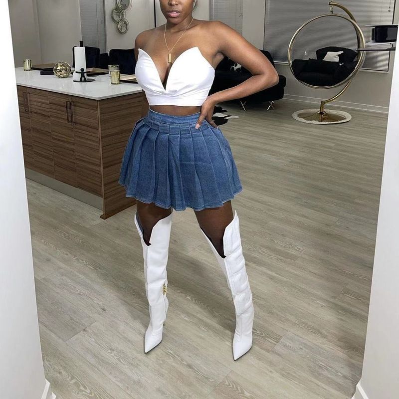 new product fashion casual denim skirt pleated skirt ready for sale_voghion.com