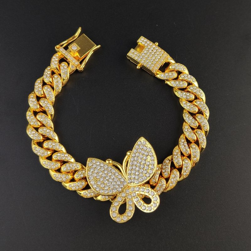Bracciale cubano unisex alla moda con micro pavé di zirconi rosa a forma di farfalla Hip Hop_voghion.com