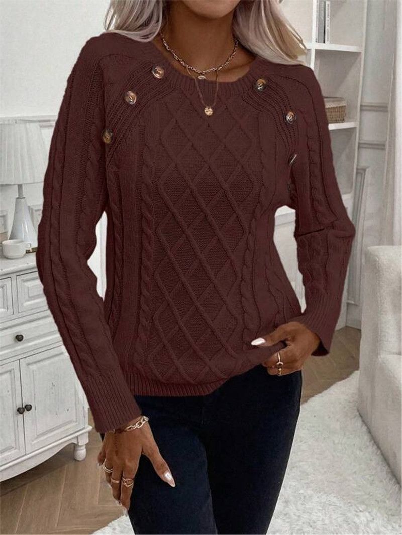 Pull col rond tricoté torsadé à manches raglan et boutons pour femme, automne et hiver_voghion.com
