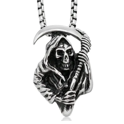 Exquisite Fashion Creative Scythe Cloak Death Skull Pendant Necklace Men Stainless Steel Retro Unique Design Jewelry_voghion.com