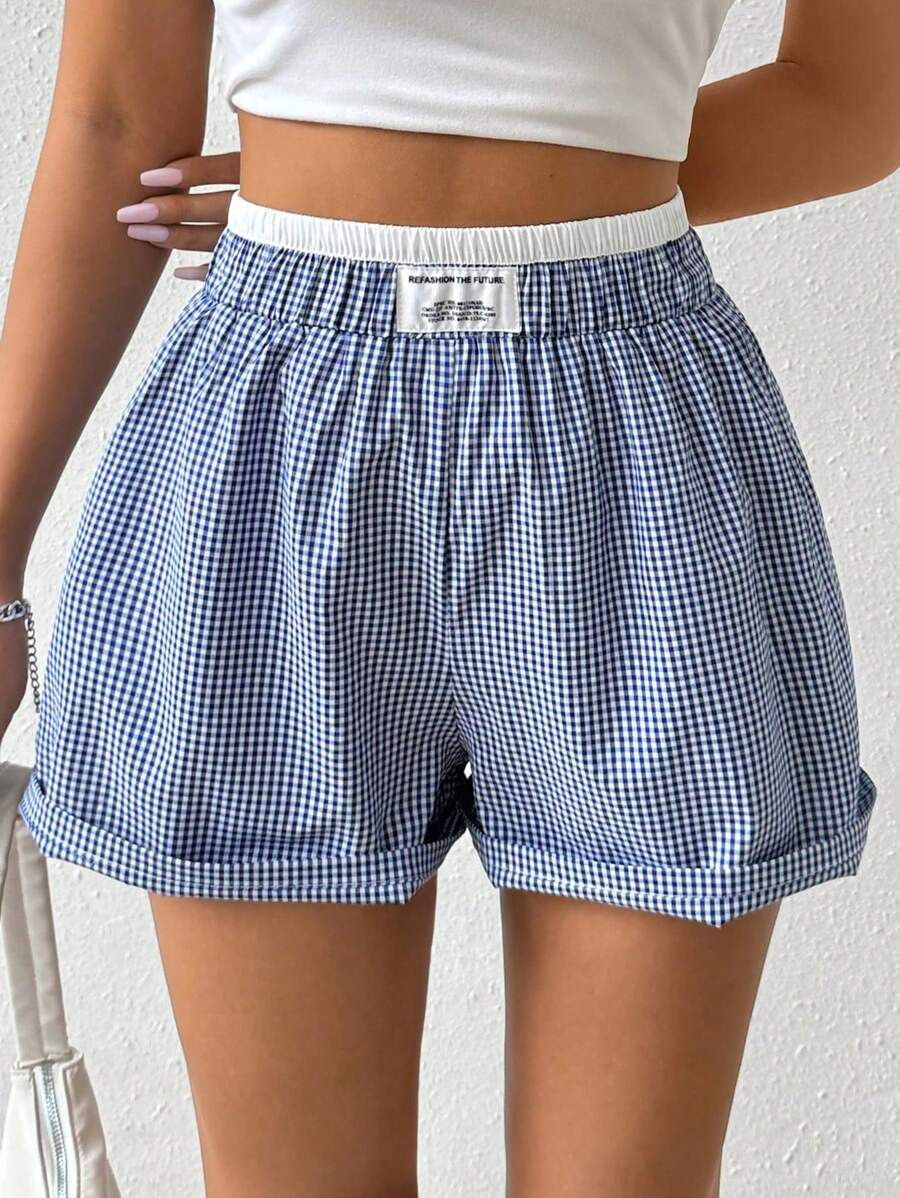 Kadın Yaz Çizgili Dokuma Elastik Yüksek Bel Düğmeli Bol Günlük Rahat Temel Şort_voghion.com