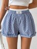 Kadın Yaz Çizgili Dokuma Elastik Yüksek Bel Düğmeli Bol Günlük Rahat Temel Şort_voghion.com